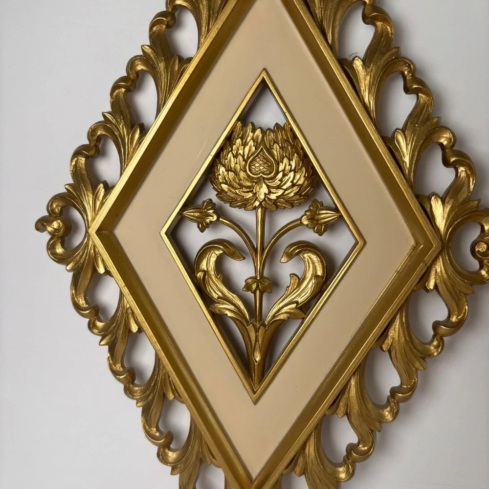 Syroco Floral Wall Art Set 2 14x8.5 Gold Diamond Hollywood‎ Regency MCM 4973